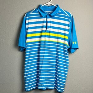 Under Armour Lg Loose Heatgear Golf Polo Shirt Men's LG Blue White Yellow Stripe